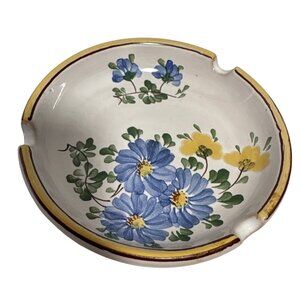 Hand-Painted Ceramic Ashtray With Floral Design & Yellow Trim 4"